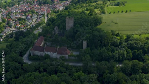 Aerial view of the castle Ehrenberg close to the village Heinsheim in Germany. Left pan around the castle.  photo