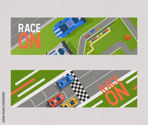 Racing track curve road, car sport track banner vector illustration. Transportation roadway design elements top view constructor for vehicle. Race competition facilities.
