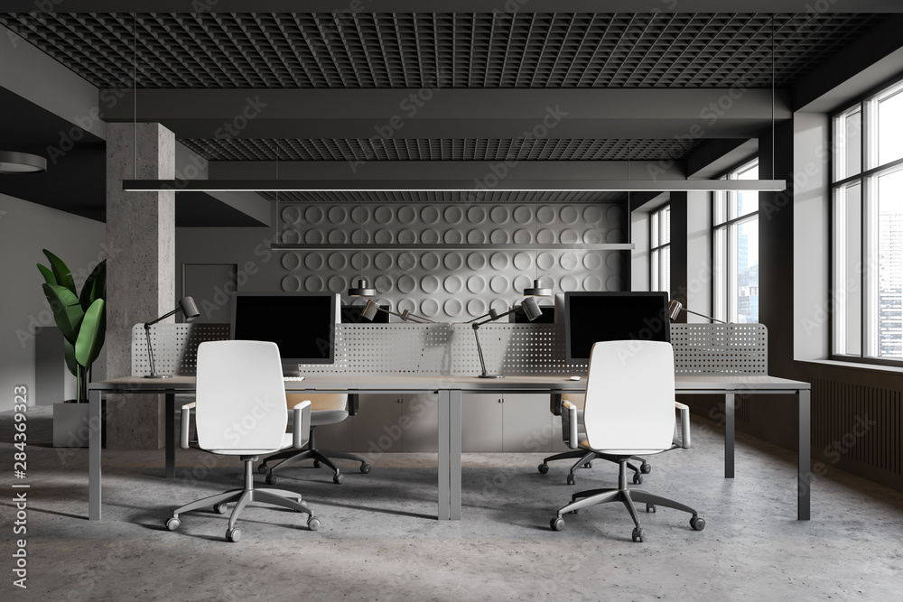 Fototapeta premium Gray open space office interior, geometric pattern
