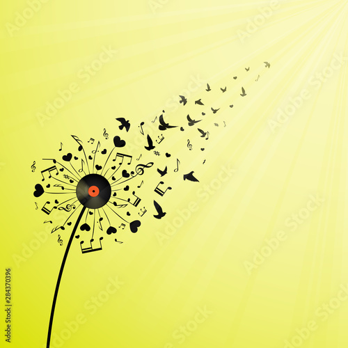 Background with dandelion and hearts and birds silhouettes and sunny wallpaper