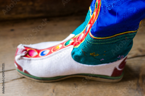 Close-up a colorful traditional shoe, Bhutan