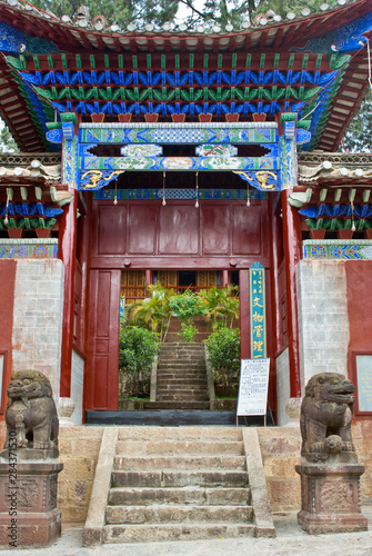 Asia, China, Yunnan Province, Mojiang. Two lion sculptures at the Confucious temple entry gate.