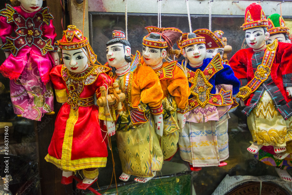 Myanmar. Yangon. Bogyoke Aung San Market. Traditional Burmese puppets.