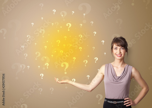 Young person presenting something with question sign concept