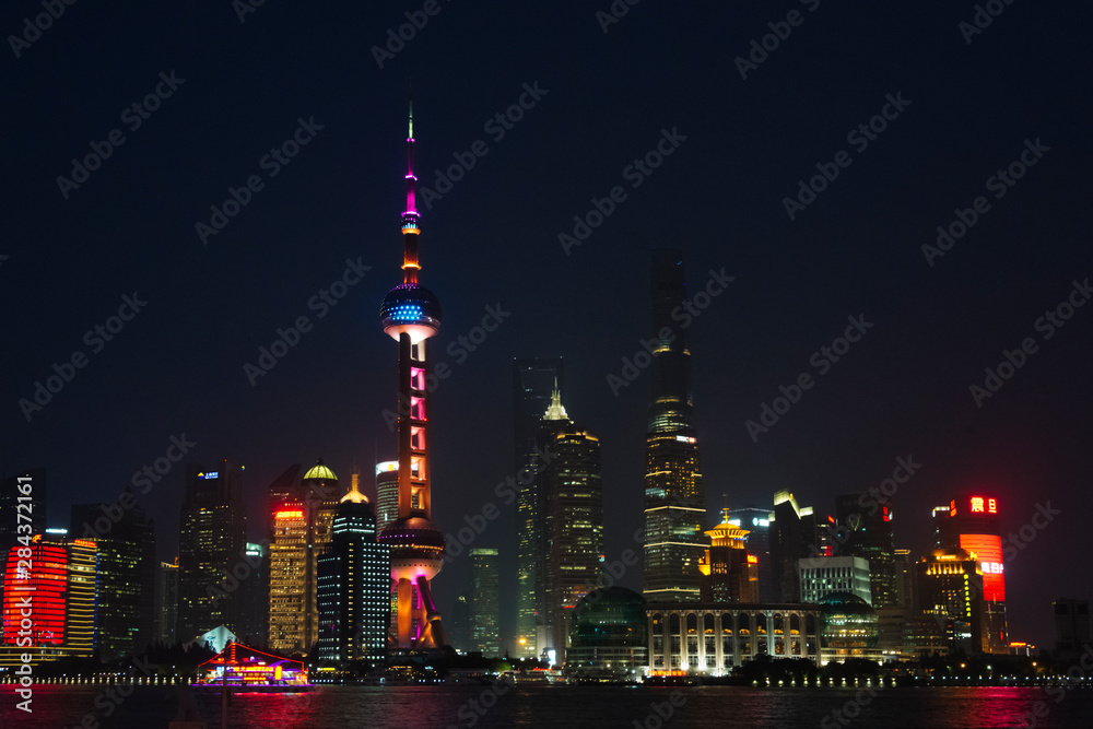 Night view of Pudong skyline by Huangpu River, Shanghai, China