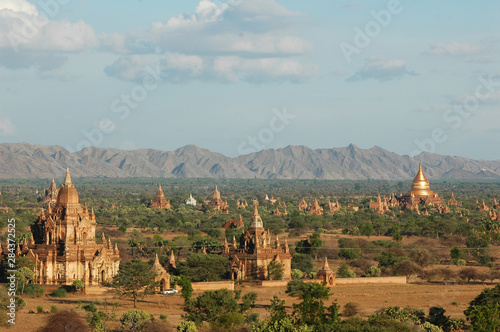Myanmar, Bagan, Temple packed plain of Bagan and its green bushes