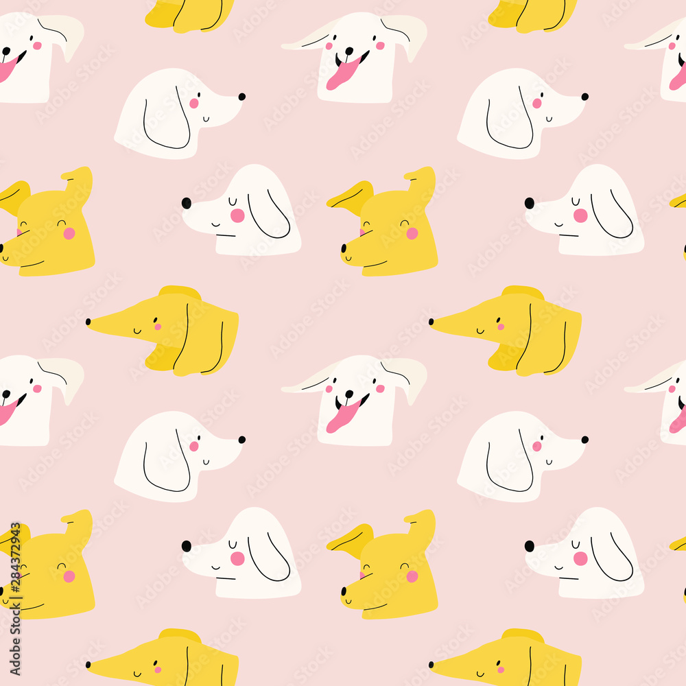 Seamless pattern with cute Dogs. Vector texture with Dog's heads. Hand drawn doggy background.