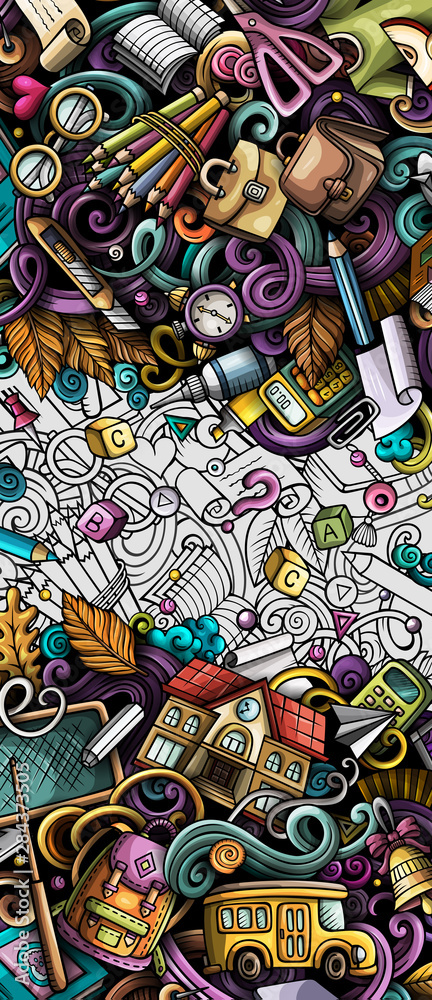 Fototapeta premium Cartoon cute colorful hand drawn doodles School background