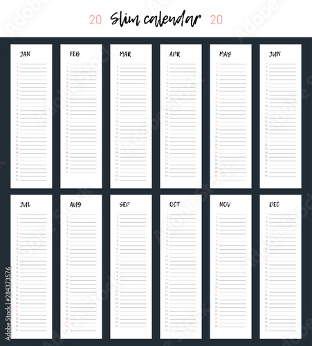 Vector Calendar 2020 design. Printable template - Slim Calendar year 2020. Minimalistic design. Printable and ready to use design template. 