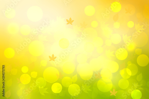 Autumn background. Abstract festive autumn gradient golden yellow green pastel bright background texture with leaves and sunshine. Indian summer. Space for your design. Beautiful backdrop.