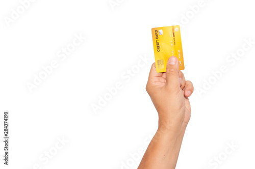Unidentified man hand holding many credit cards isolated for do some financial transaction.  Business financial technology for moneyless with credit card.