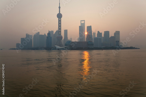 Sunrise over Pudong skyline, Shanghai, China