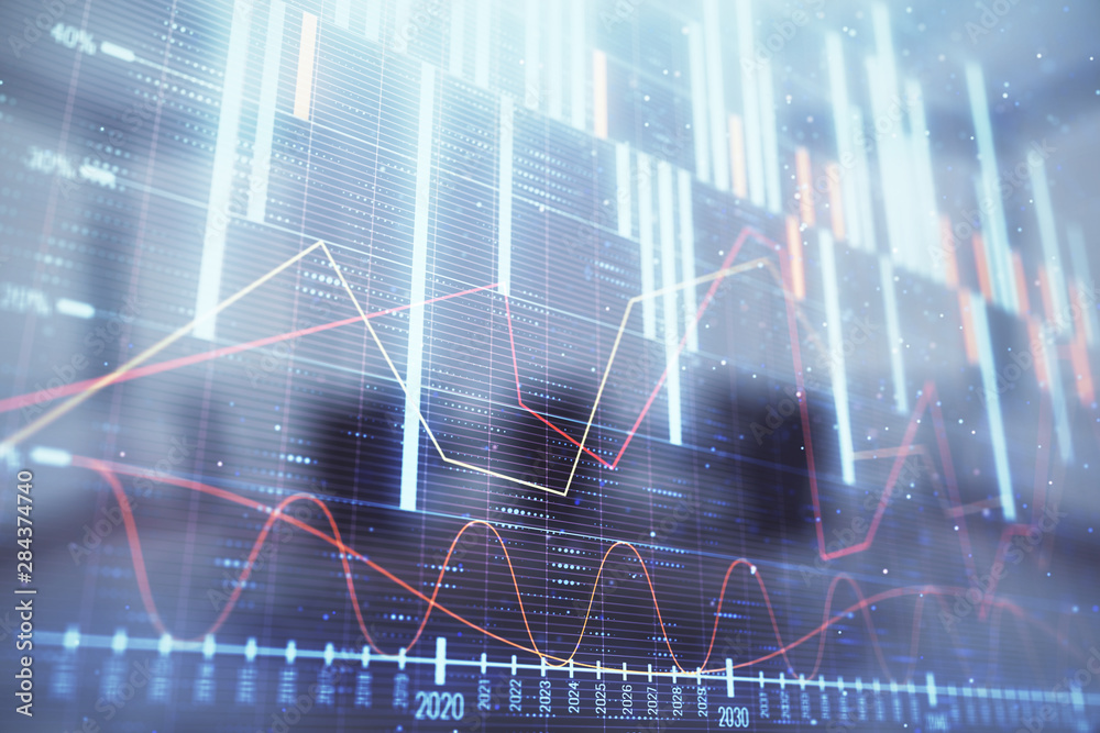 Multi exposure of stock market graph on conference room background. Concept of financial analysis Multi exposure of stock market graph on conference room background. Concept of financial analysis