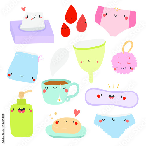 Super cute vector set of hand drawn Positive Period objects. Cartoon Menstrual collection. Women's health and self care cute illustration.