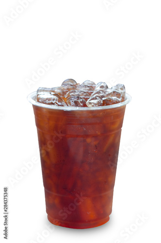 Ice americano coffee in PET plastice glass, fresh beverage with small ice refreshment in morning. photo