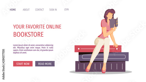 Web page design for bookstore, online library, book lovers. Woman sitting on the stack of books and reading. Vector illustration for poster, banner and website development.