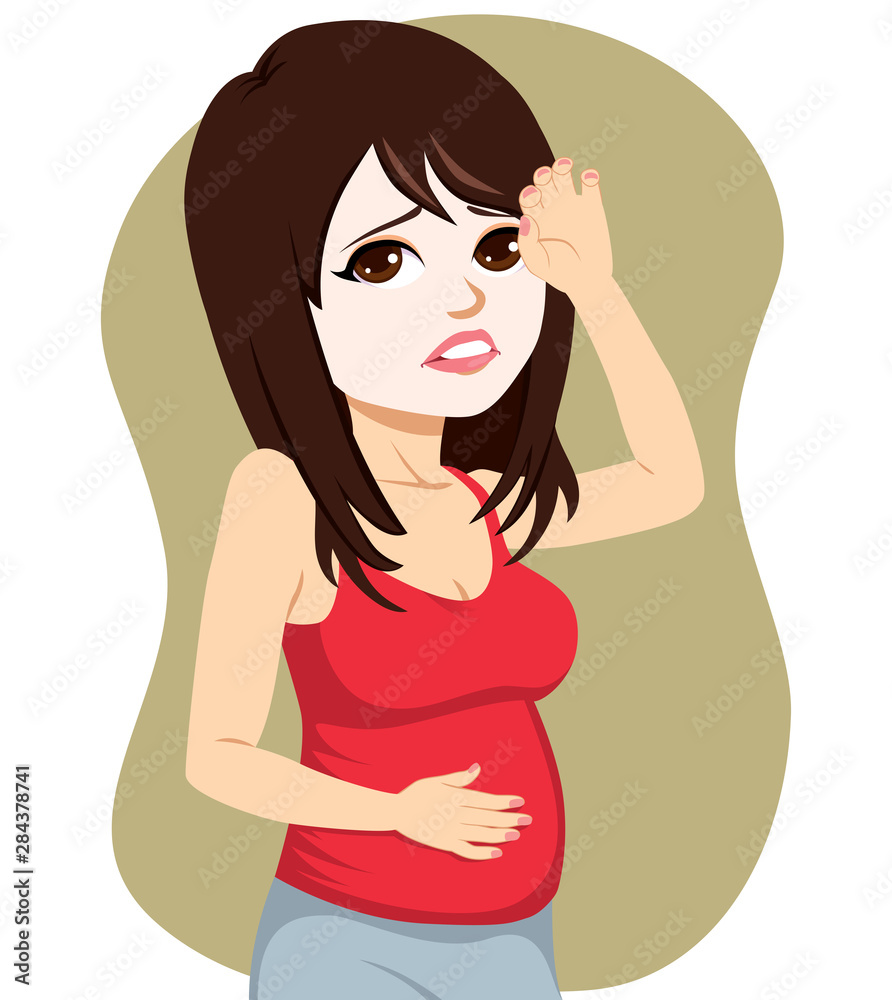 Young pregnant woman with pale face suffering from anemia vertigo and headache Young pregnant woman with pale face suffering from anemia vertigo and headache