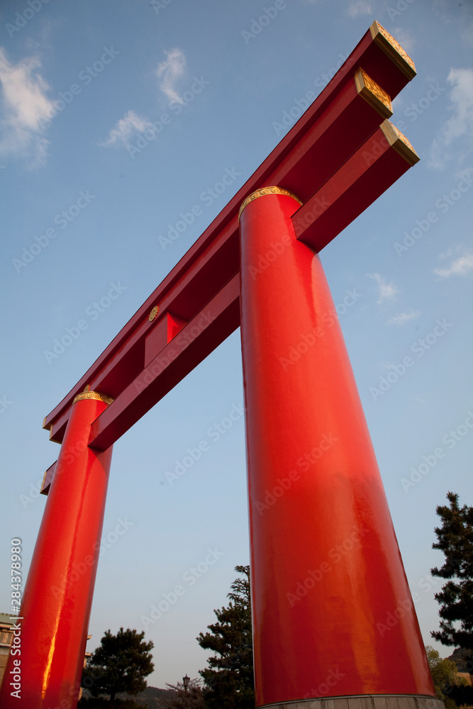 Torii gate at entrance to Heian Jingu shrine, Kyoto, Honshu island, Japan Torii gate at entrance to Heian Jingu shrine, Kyoto, Honshu island, Japan