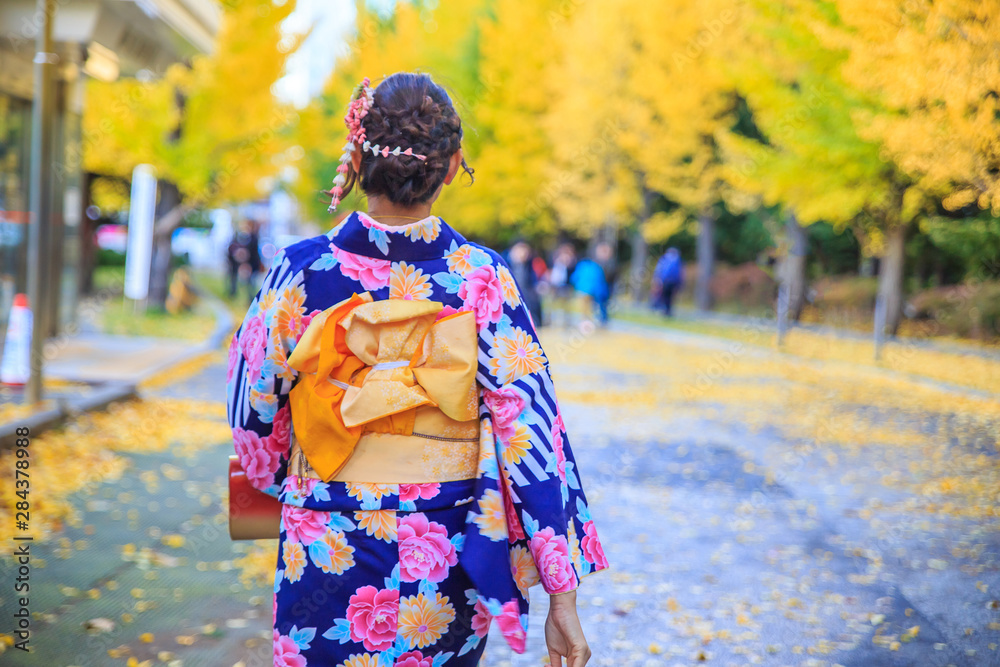 Beautiful girl wearing japanese traditional kimono in autumn. Autumn park in Sapporo, Japan. The colourful Kimono and the colourful leaves makes this scene so beautiful. Beautiful girl wearing japanese traditional kimono in autumn. Autumn park in Sapporo, Japan. The colourful Kimono and the colourful leaves makes this scene so beautiful.