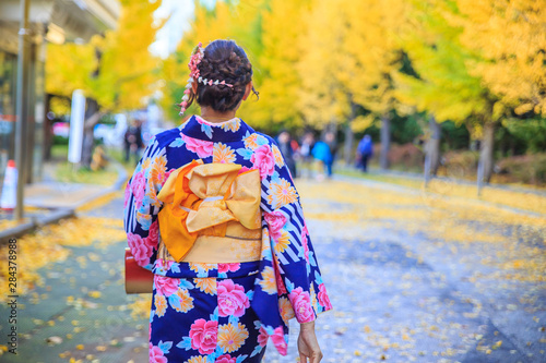 Beautiful girl wearing japanese traditional kimono in autumn. Autumn park in Sapporo, Japan. The colourful Kimono and the colourful leaves makes this scene so beautiful.