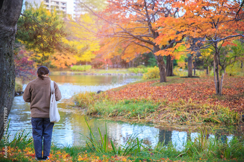 Sapporo City, Hokkaido, Japan - Oct. 29, 2018 : Autumn landscape at Nakajima Park, Sapporo City, Hokkaido, Japan. A woman stand near the riverside. © Oranuch