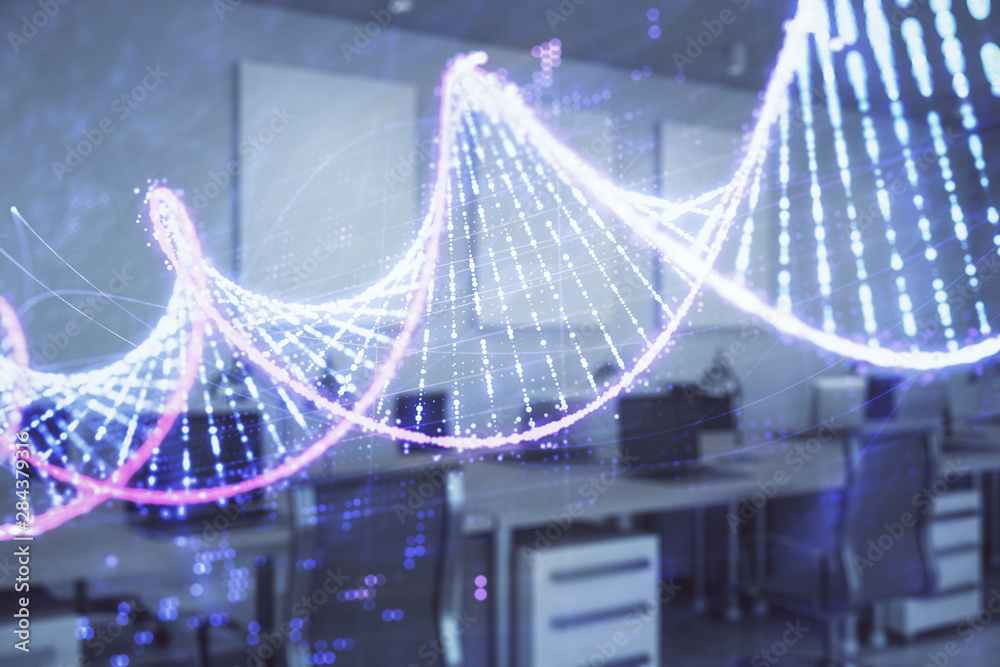 Obraz premium DNA drawing with office interior on background. Double exposure. Concept of education