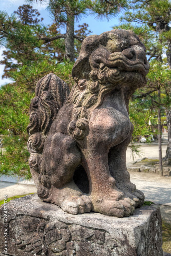 Japan, Amanohashidate. Lion/Dog idol at Chionji Temple. 