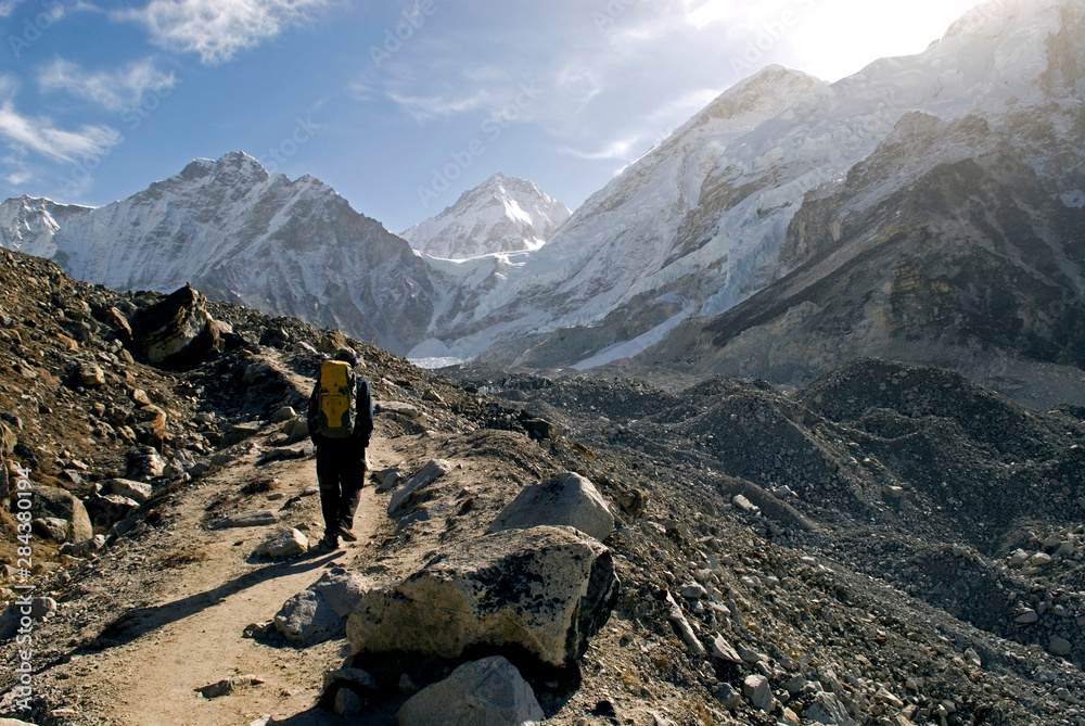 Nepal. A trekker on the Everest Base Camp Trail in the Khumbu region of Nepal.