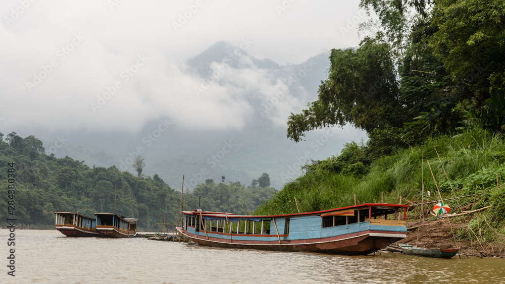 Laos, Luang Prabang. Boats on the Mekong River.