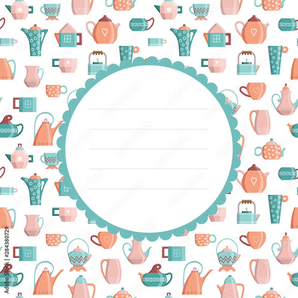 Text frame on a background of colored tea pots and cups