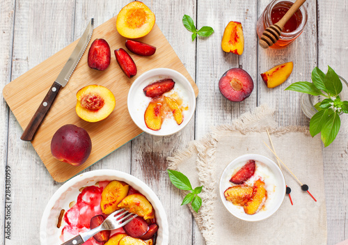  Healthy sweet summer dessert with yogurt plum and peach