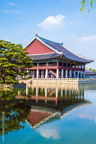 Seoul  South Korea. Geunjeongjeon  Gyeongbokgung Palace  Gyeonghoeru Pavilion and surrounding lake