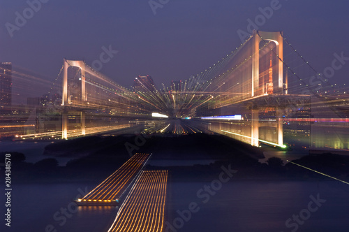 Japan  Tokyo  Odaiba  Rainbow Bridge at Dusk  Zoom Effect 