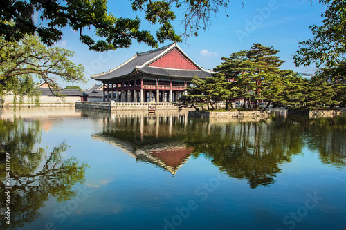 Seoul  South Korea. Geunjeongjeon  Gyeongbokgung Palace  Gyeonghoeru Pavilion and surrounding lake
