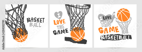 Collection of hand-drawing basketball designs on a white background, grunge style, sketch, lettering, hoop. Sports print, slogan.