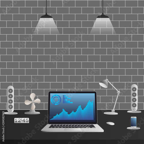 Workspace for trade, business, freelance .  Workplace trading. Monitor with chart. Working desk  of professional. Vector illustration