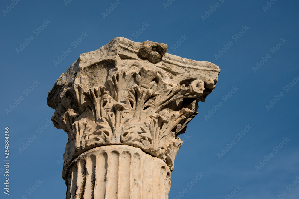 Turkey, Kusadasi, Ephesus. Ancient carved column..