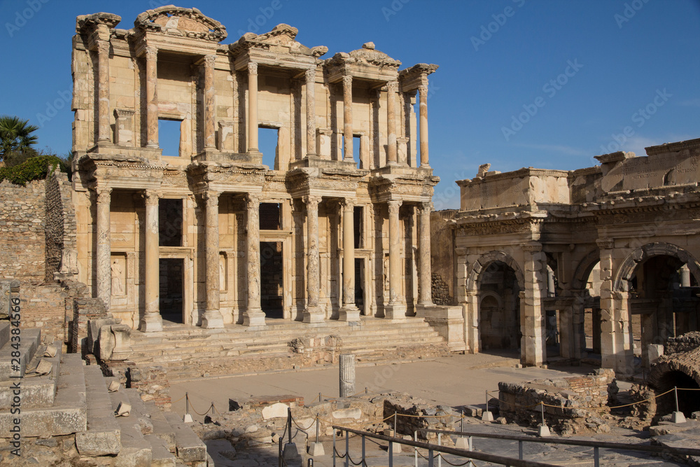Turkey, Ephesus. The library of Ephesus (Celsius) was built in 117 A.D. The statues symbolize wisdom (Sophia), knowledge (Episteme), intelligence (Ennoia) and valor (Arete) .