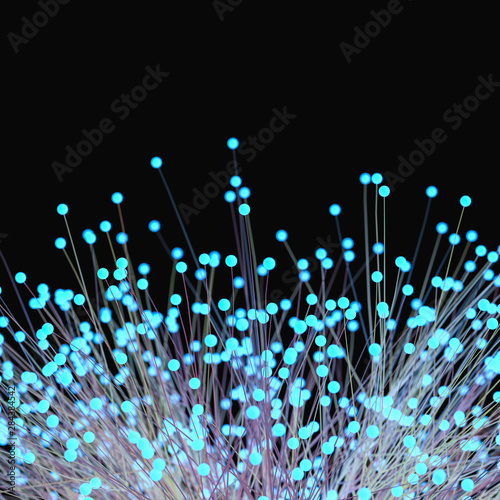 Glowing blue lines and dots with dark background, 3d rendering.