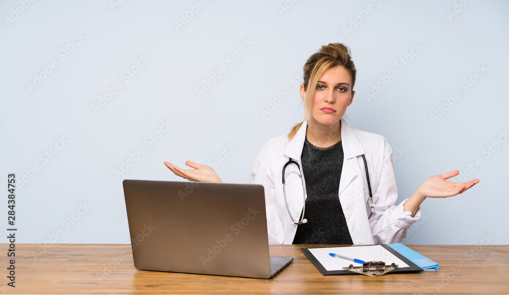 Blonde doctor woman unhappy for not understand something Blonde doctor woman unhappy for not understand something