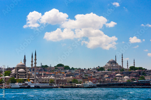 Yeni Cami (New Mosque) and other buildings along the waterfront. Golden Horn, Istanbul, Turkey.