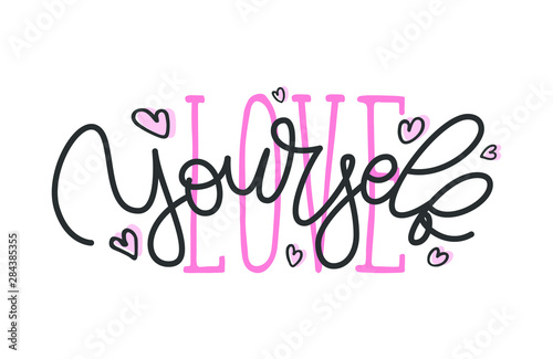 Love yourself hand drawn slogan. Vector illustration with lettering typography and hearts isolated on white background. Motivational quote for poster, t shirt, banner, card, sticker, badge, ad, pin