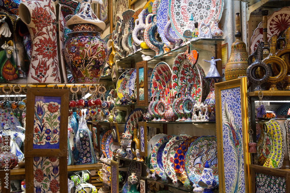 Turkey, Istanbul, Pottery shop in the Grand Bazaar in Istanbul is one of the largest and oldest covered markets in the world, with 61 covered streets and over 3,000 shops.