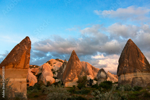 Rock formation in Goreme at sunset, Cappadocia (UNESCO World Heritage Site), Turkey