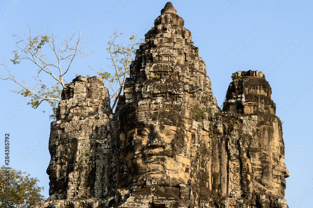 Cambodia, Angkor Wat. Entry gate to Angkor Thom. Face of the benevolent Bodhisattva, Lokesvara.