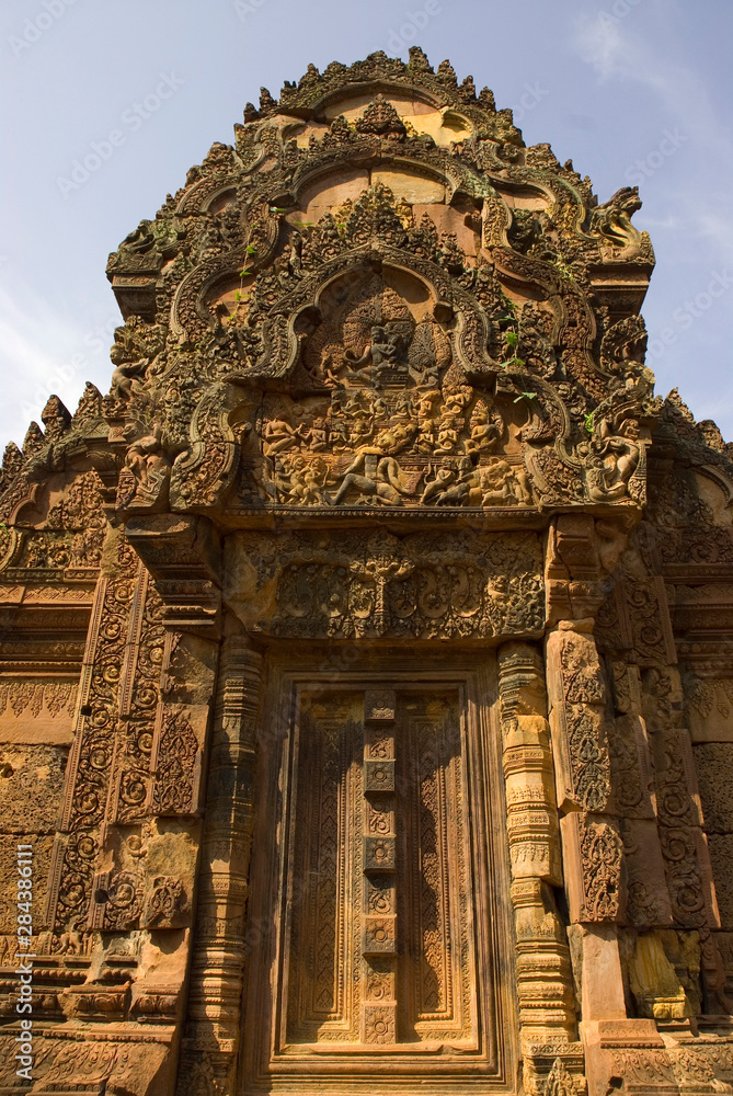 Cambodia. Siem Reap. Bantay Srei Temple. Esquisitely carved lintel and doorway.