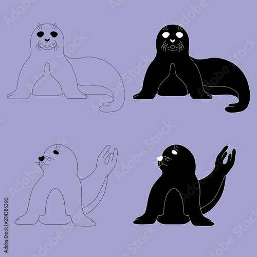Set of sitting seal pups in different poses. Outline and simple style vector illustration. Isolated design element on neutral background.