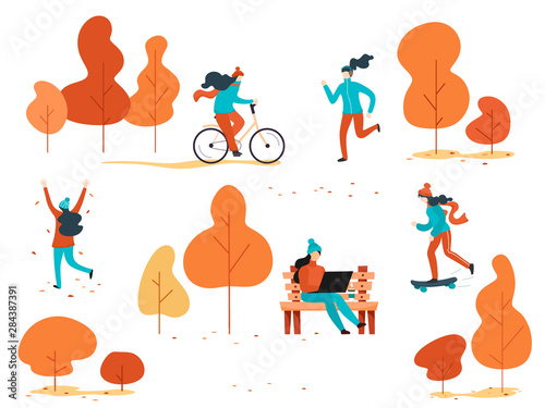 Girls in the autumn park have fun, run, ride a bicycle, ride a skateboard, play with autumn leaves and work on a laptop. Casual people in the autumn forest. Autumn set of cartoon sporty girls.