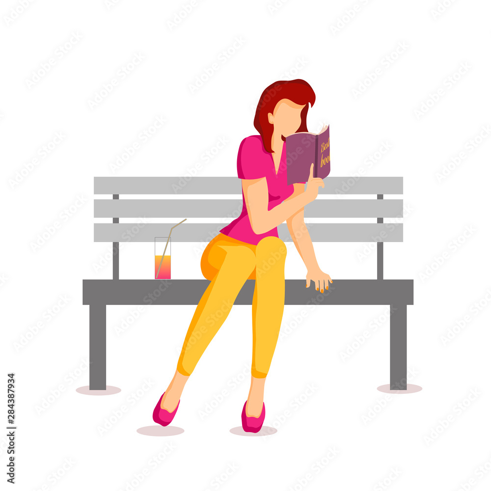 Woman sitting on the bench and reading book. Poster for book lovers ...