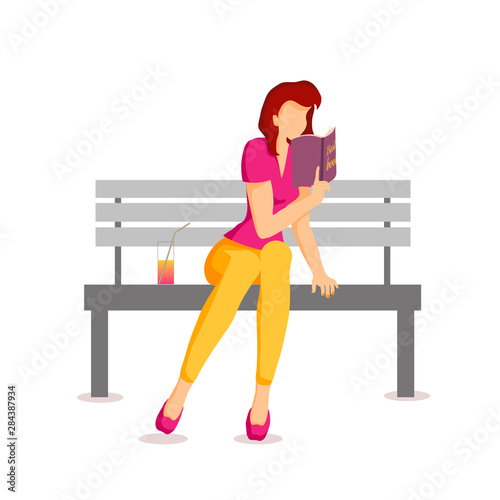 Woman sitting on the bench and reading book. Poster for book lovers. Vector illustration can be used for poster, banner, card, cover, postcard.